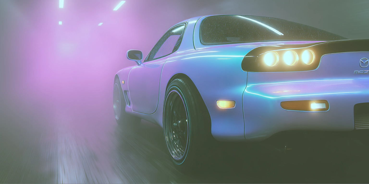 Blue Mazda RX-7 FD in a tunnel with glowing lights, showcasing its iconic taillights.